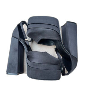 Black 6 in block heel with 2 in platform, glossy fabric, cool disco shoes, 8